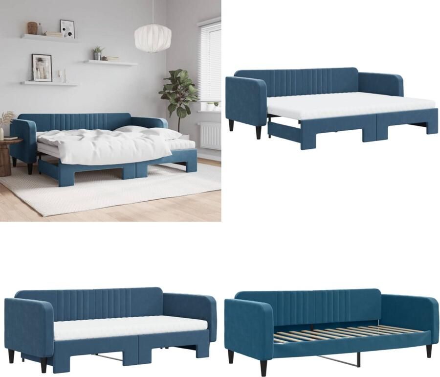 VidaXL Slaapbank onderschuifbed en matrassen 90x200 cm fluweel blauw Slaapbank Met Onderschuifbed Slaapbanken Met Onderschuifbedden Slaapbank Bedbank