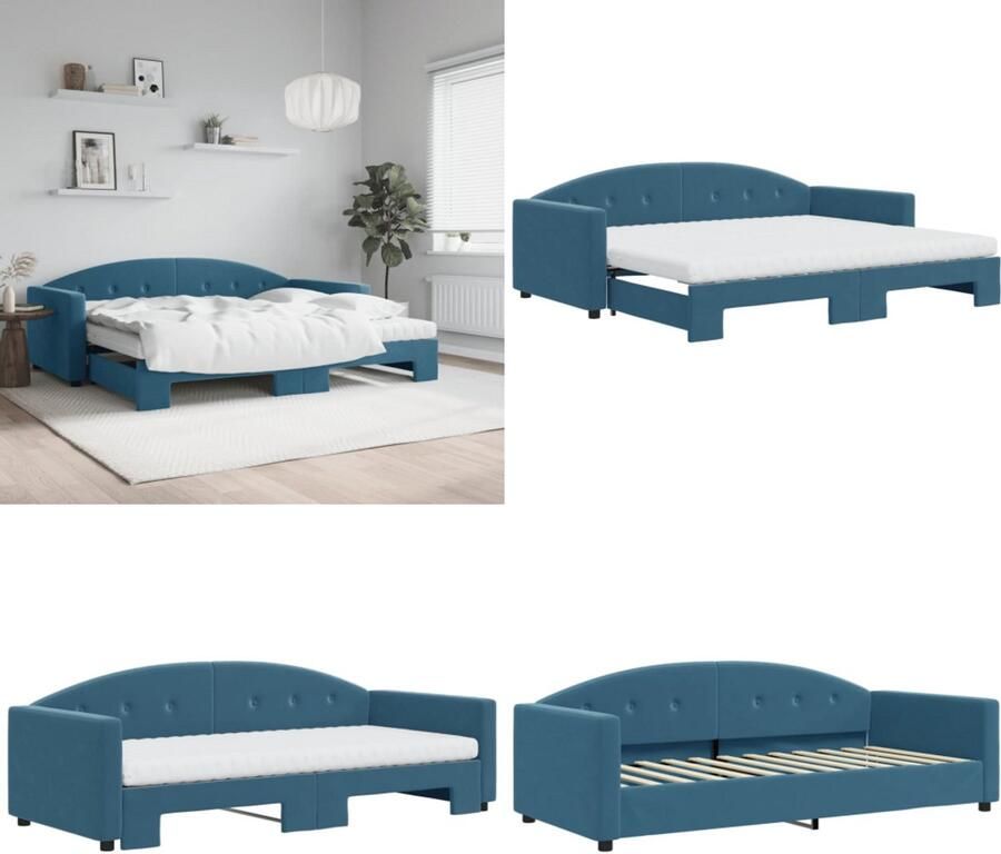 VidaXL Slaapbank onderschuifbed en matrassen 90x200 cm fluweel blauw Slaapbank Met Onderschuifbed Slaapbanken Met Onderschuifbedden Slaapbank Bedbank