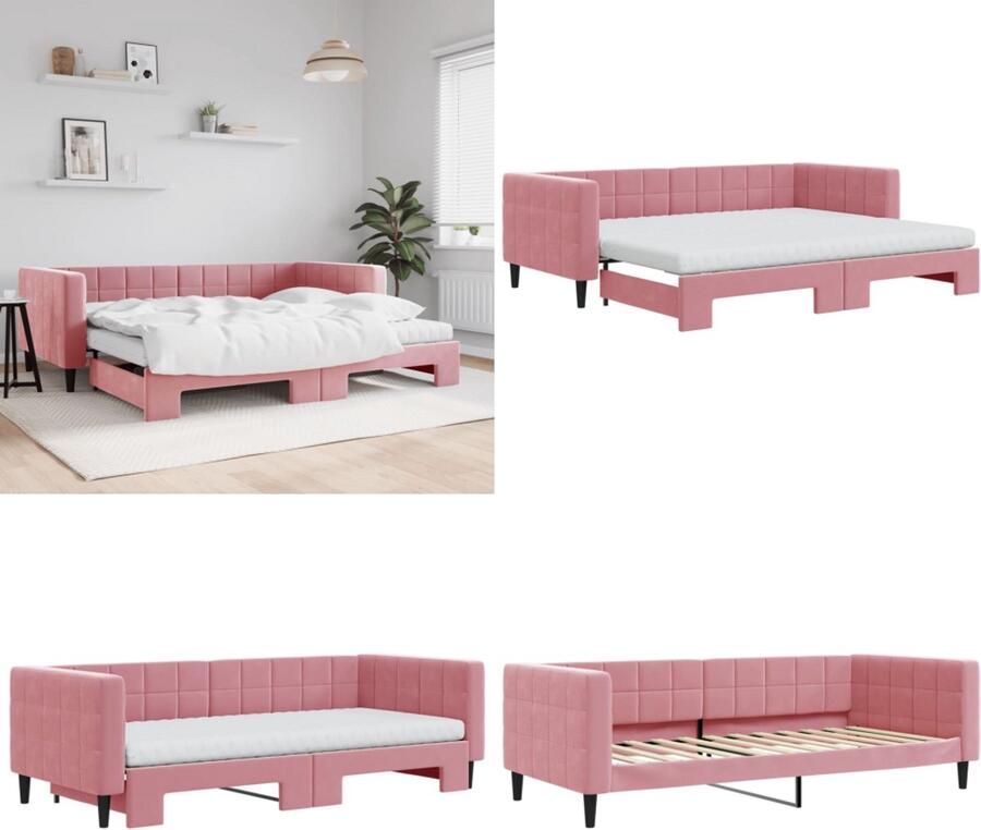 VidaXL Slaapbank onderschuifbed en matrassen 90x200 cm fluweel roze Slaapbank Met Onderschuifbed Slaapbanken Met Onderschuifbedden Slaapbank Bedbank