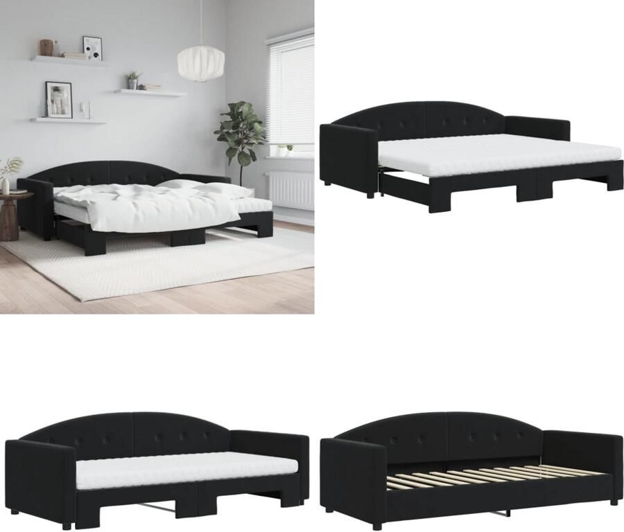VidaXL Slaapbank onderschuifbed en matrassen 90x200 cm fluweel zwart Slaapbank Met Onderschuifbed Slaapbanken Met Onderschuifbedden Slaapbank Bedbank