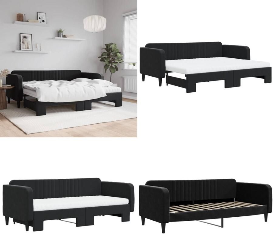 VidaXL Slaapbank onderschuifbed en matrassen 90x200 cm fluweel zwart Slaapbank Met Onderschuifbed Slaapbanken Met Onderschuifbedden Slaapbank Bedbank