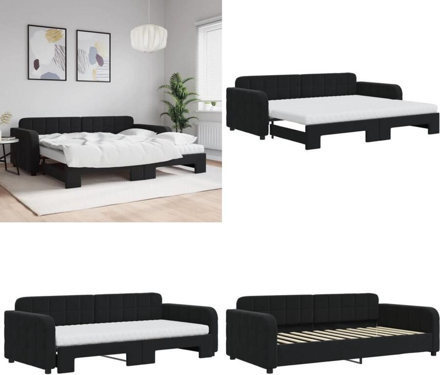 VidaXL Slaapbank onderschuifbed en matrassen 90x200 cm fluweel zwart Slaapbank Met Onderschuifbed Slaapbanken Met Onderschuifbedden Slaapbank Bedbank