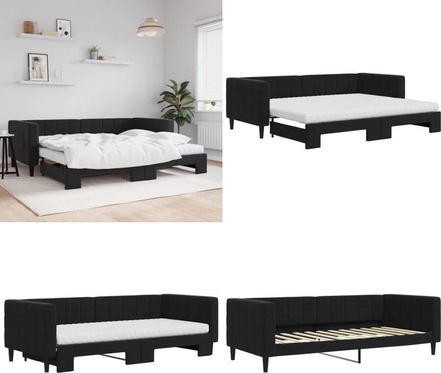 VidaXL Slaapbank onderschuifbed en matrassen 90x200 cm fluweel zwart Slaapbank Met Onderschuifbed Slaapbanken Met Onderschuifbedden Slaapbank Bedbank
