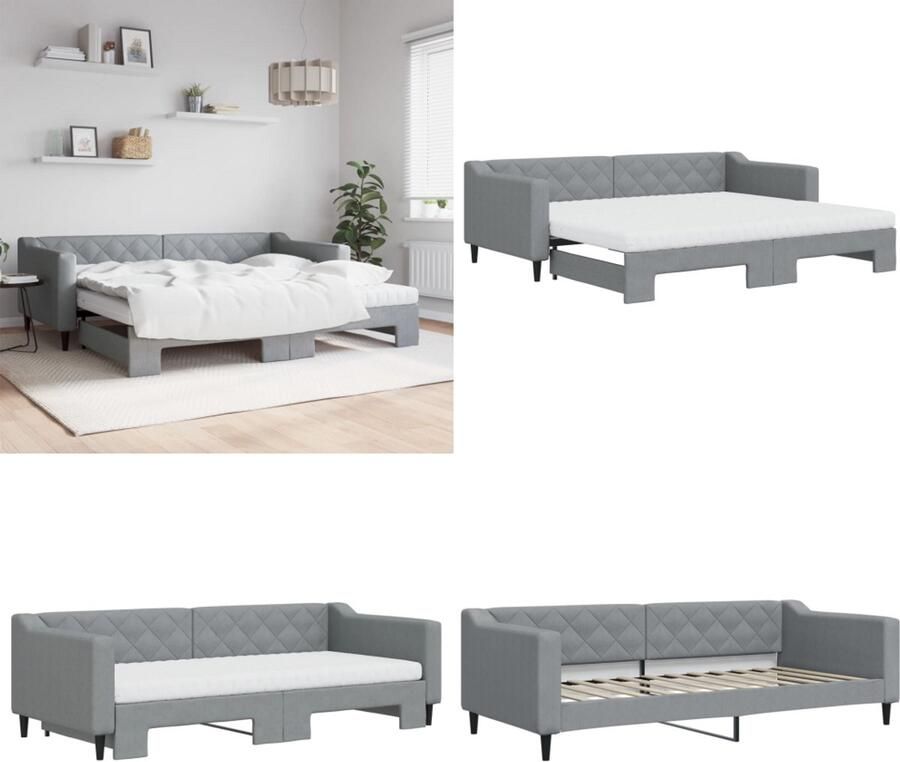 VidaXL Slaapbank onderschuifbed en matrassen 90x200 cm stof lichtgrijs Slaapbank Met Onderschuifbed Slaapbanken Met Onderschuifbedden Slaapbank Bedbank