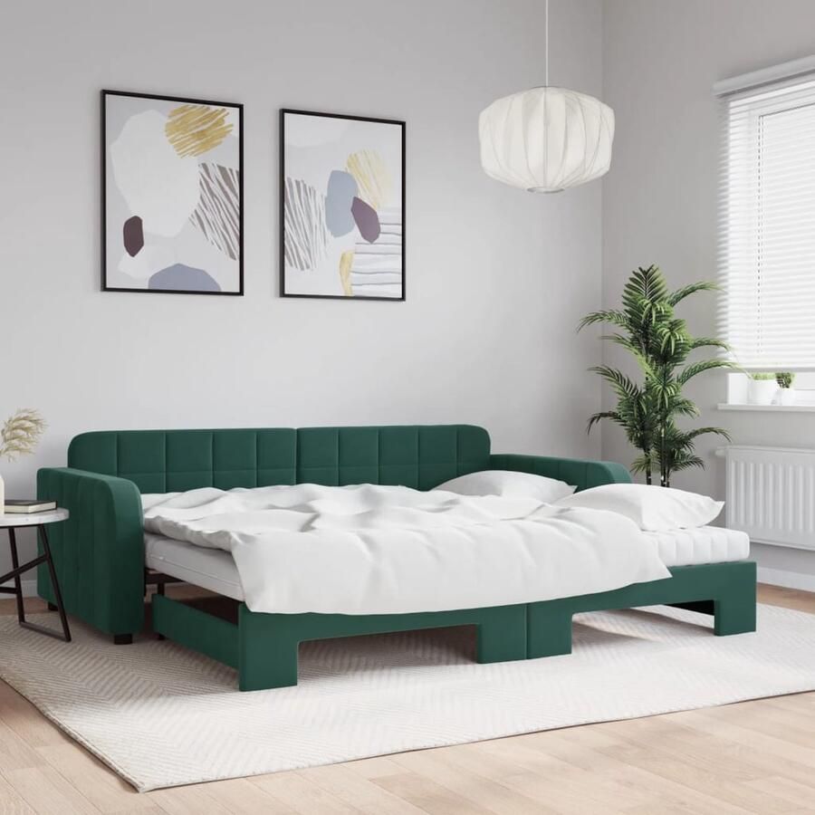 VidaXL Slaapbank Onderschuifbed Fluweel Groen Slaapbank Donkergroen Fluweel 2-in-1 Onderschuifbed Zitbank Guest Bed Kleine Woonkamer Multifunctioneel Meubilair Compact Bed Design Sofa - Foto 2