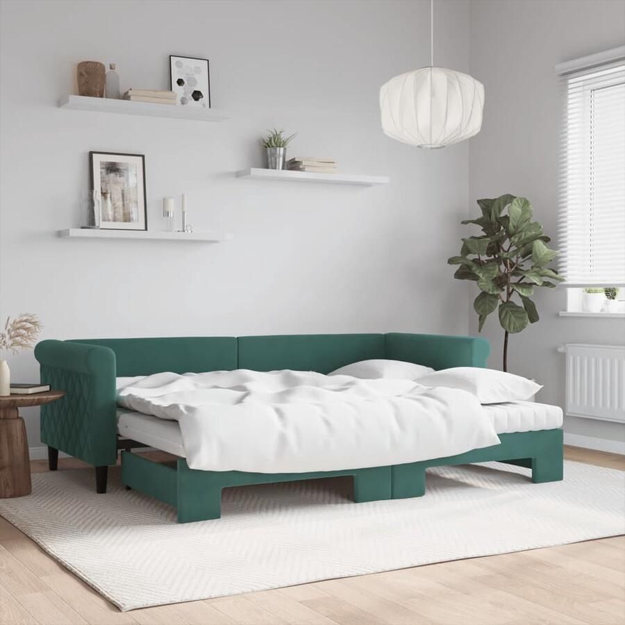 VidaXL Slaapbank Onderschuifbed Fluweel Groen Slaapbank Sofa Bed Tweepersoons Bed Donkere Kleuren Fluweel Meubilair Moderne Woonkamer - Foto 2