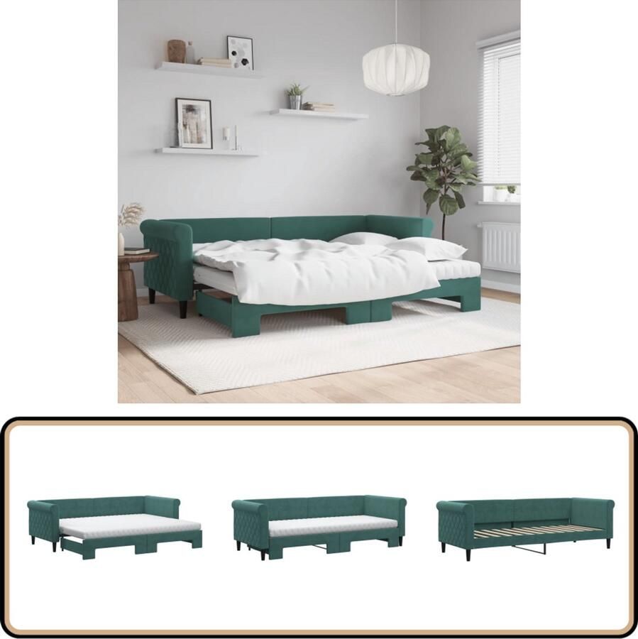 VidaXL Slaapbank Onderschuifbed Fluweel Groen Slaapbank Sofa Bed Tweepersoons Bed Donkere Kleuren Fluweel Meubilair Moderne Woonkamer