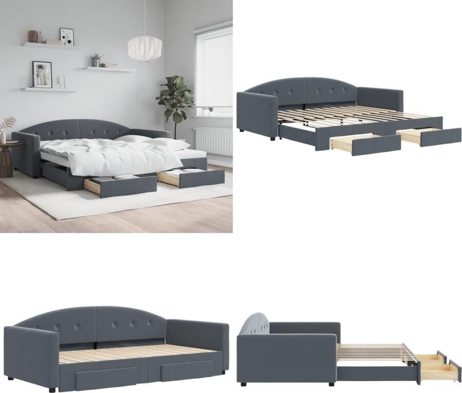 VidaXL Slaapbank onderschuifbed lades 100x200 cm fluweel donkergrijs Slaapbank Met Onderschuifbed Slaapbanken Met Onderschuifbedden Slaapbank Bedbank