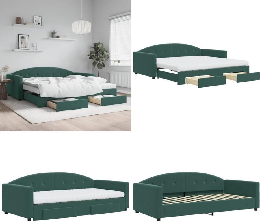 VidaXL Slaapbank onderschuifbed lades 100x200 cm fluweel donkergroen Slaapbank Met Onderschuifbed Slaapbanken Met Onderschuifbedden Slaapbank Logeerbed