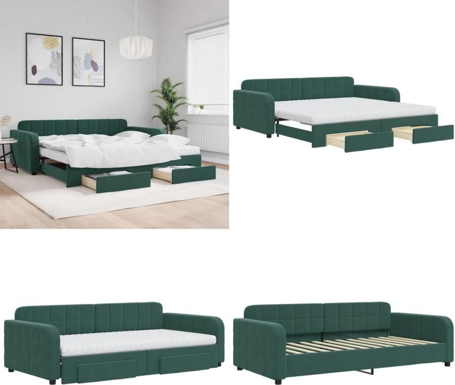 VidaXL Slaapbank onderschuifbed lades 100x200 cm fluweel donkergroen Slaapbank Met Onderschuifbed Slaapbanken Met Onderschuifbedden Slaapbank Logeerbed