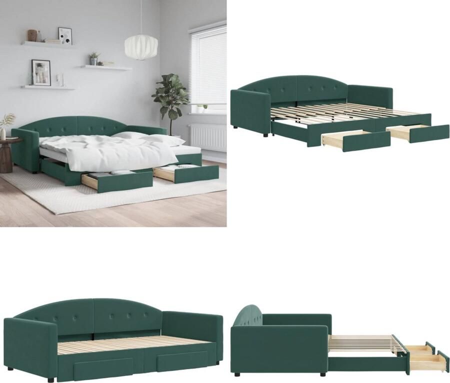 VidaXL Slaapbank onderschuifbed lades 100x200 cm fluweel donkergroen Slaapbank Met Onderschuifbed Slaapbanken Met Onderschuifbedden Slaapbank Bedbank