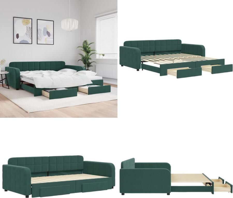 VidaXL Slaapbank onderschuifbed lades 100x200 cm fluweel donkergroen Slaapbank Slaapbanken Slaap Bank Slaapbank Met Onderschuifbed