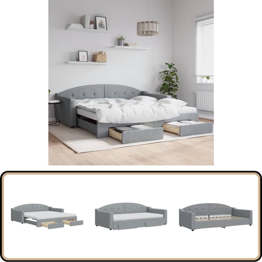 The Living Store Slaapbank onderschuifbed en lades 100x200 cm stof lichtgrijs Slaapbank Tweepersoonsbed Sofa Bed Boxspring Meubels
