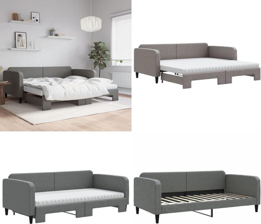 VidaXL Slaapbank onderschuifbed matrassen 100x200 cm stof donkergroen Slaapbank Met Onderschuifbed Slaapbanken Met Onderschuifbedden Slaapbank Bedbank