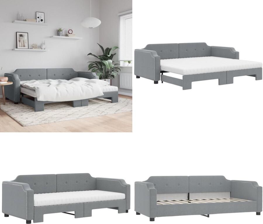 VidaXL Slaapbank onderschuifbed matrassen 100x200 cm stof lichtgrijs Slaapbank Met Onderschuifbed Slaapbanken Met Onderschuifbedden Slaapbank Bedbank