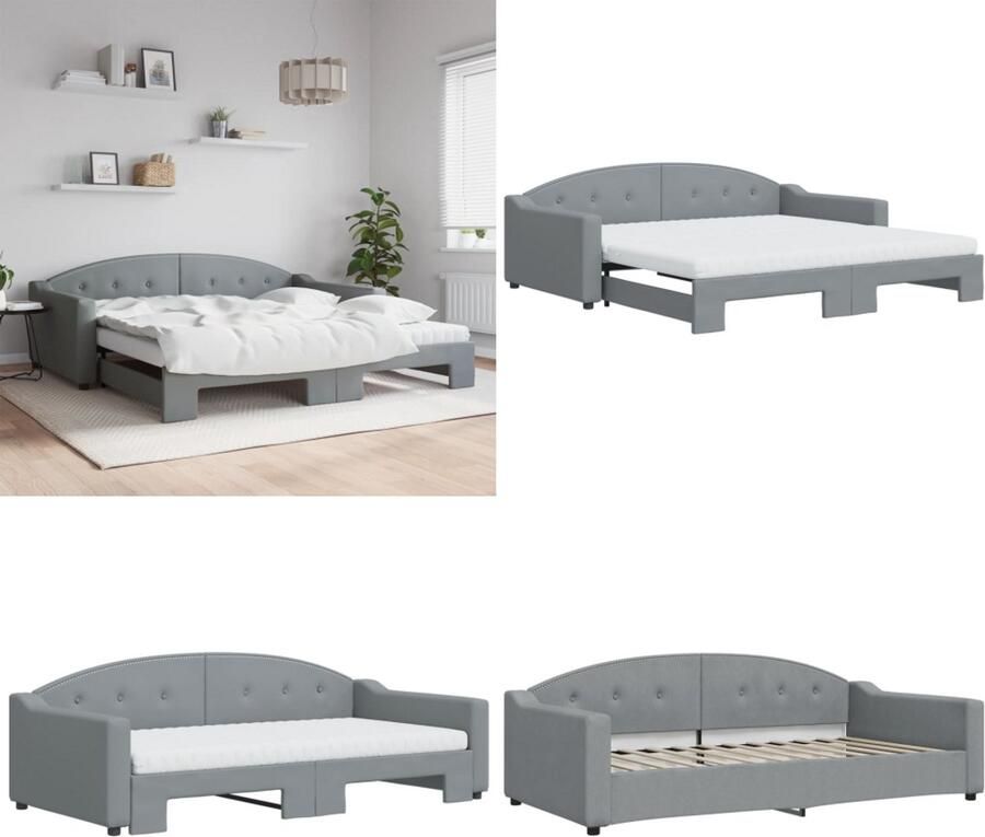 VidaXL Slaapbank onderschuifbed matrassen 100x200 cm stof lichtgrijs Slaapbank Met Onderschuifbed Slaapbanken Met Onderschuifbedden Slaapbank Bedbank