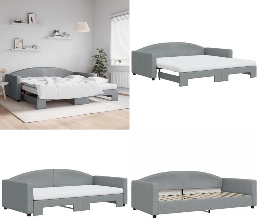 VidaXL Slaapbank onderschuifbed matrassen 100x200 cm stof lichtgrijs Slaapbank Met Onderschuifbed Slaapbanken Met Onderschuifbedden Slaapbank Bedbank