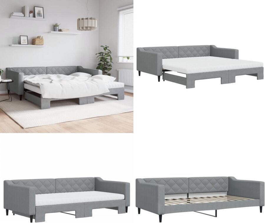 VidaXL Slaapbank onderschuifbed matrassen 100x200 cm stof lichtgrijs Slaapbank Met Onderschuifbed Slaapbanken Met Onderschuifbedden Slaapbank Bedbank