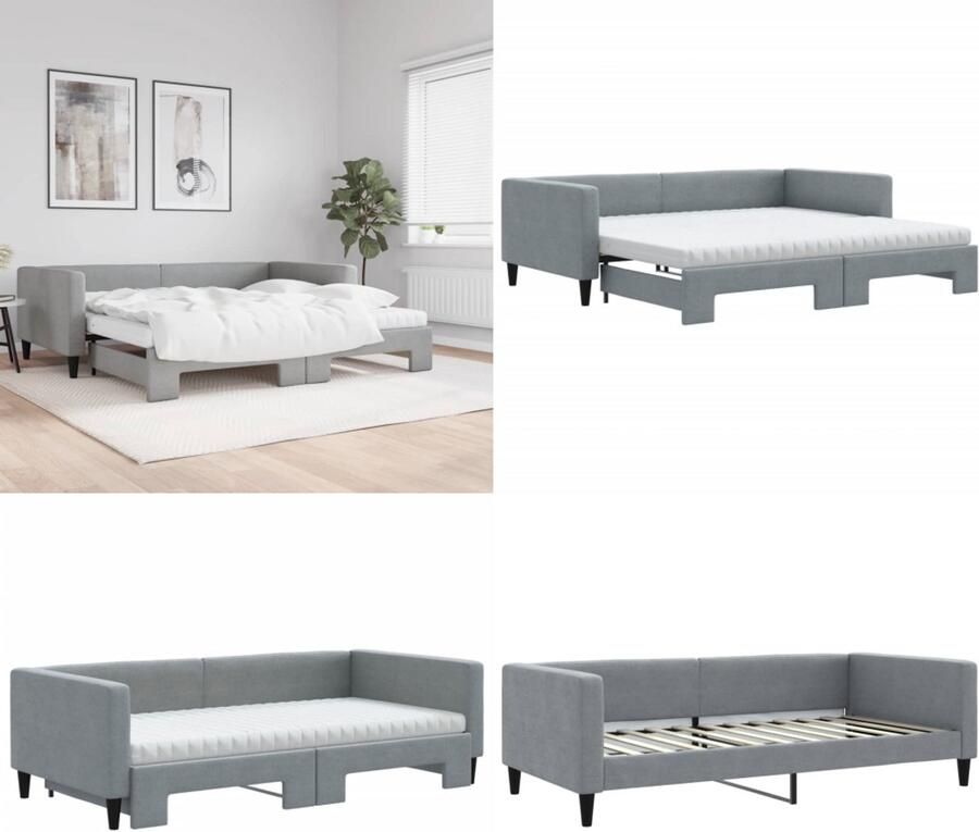 VidaXL Slaapbank onderschuifbed matrassen 100x200 cm stof lichtgrijs Slaapbank Met Onderschuifbed Slaapbanken Met Onderschuifbedden Slaapbank Bedbank - Foto 2