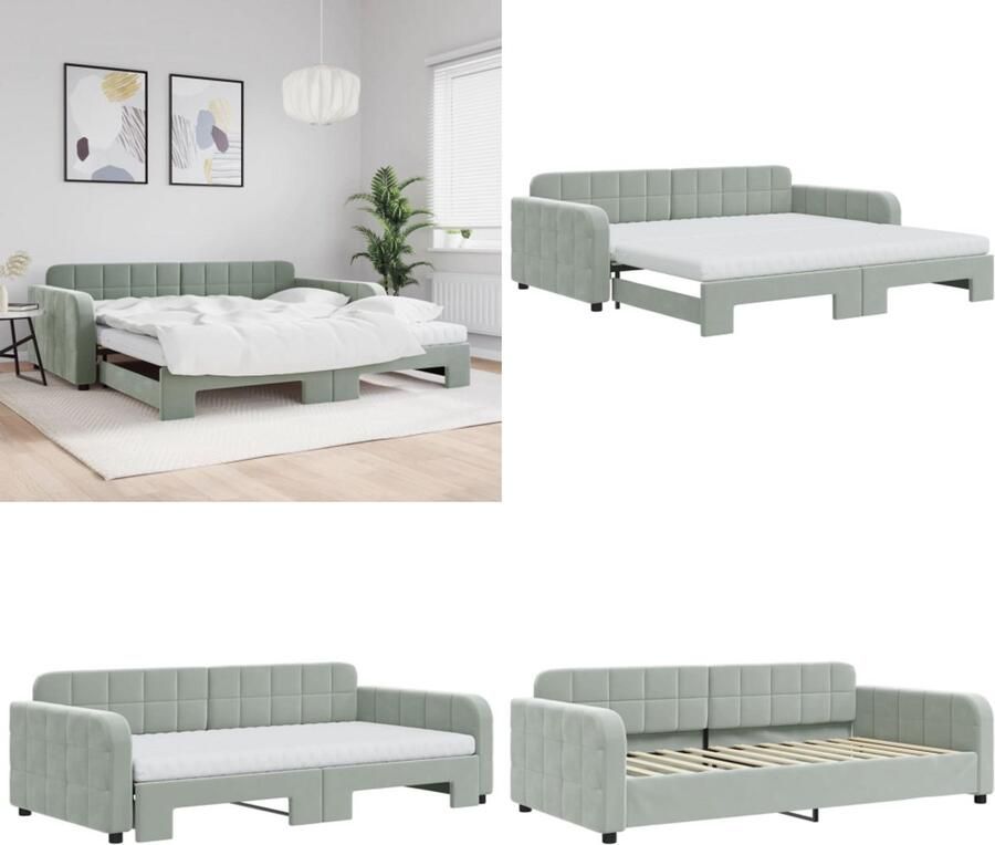 VidaXL Slaapbank onderschuifbed matrassen 100x200cm fluweel lichtgrijs Slaapbank Met Onderschuifbed Slaapbanken Met Onderschuifbedden Slaapbank Bedbank