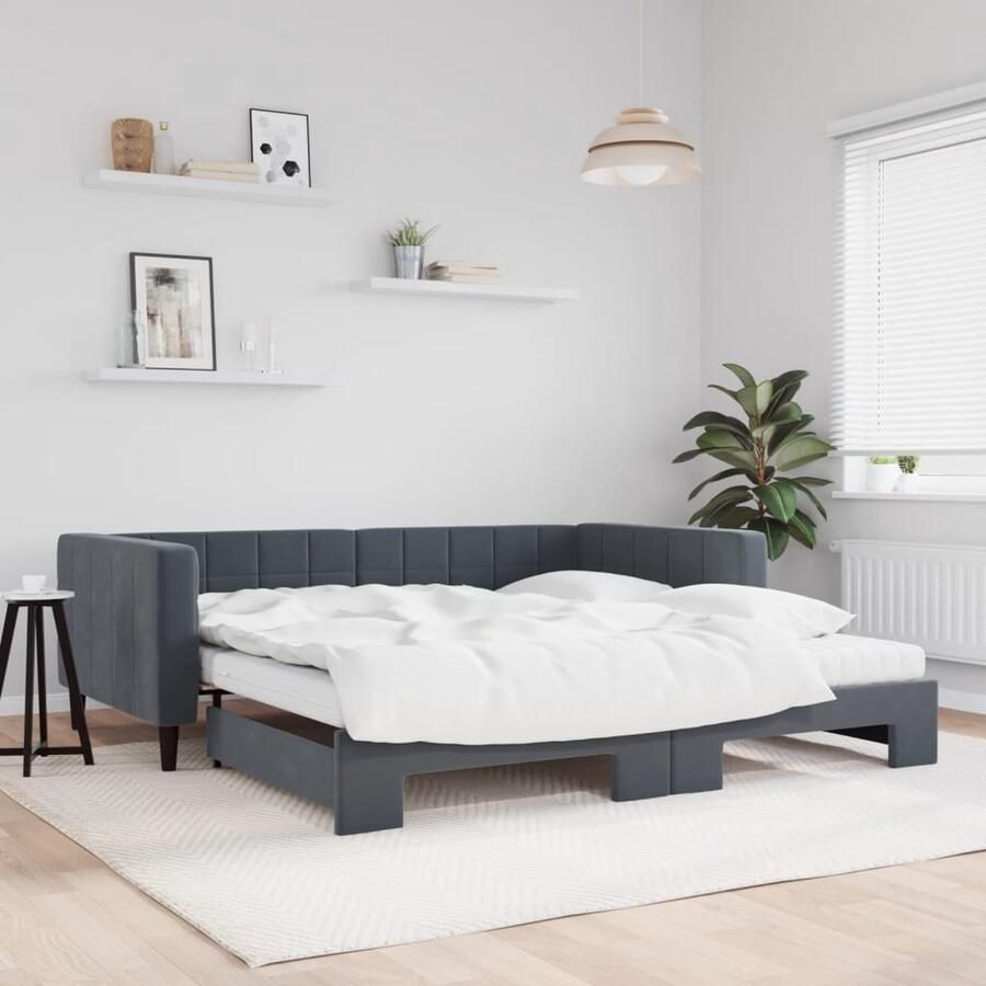 VidaXL Slaapbank onderschuifbed matrassen 100x200cm fluweeldonkergrijs - Foto 2