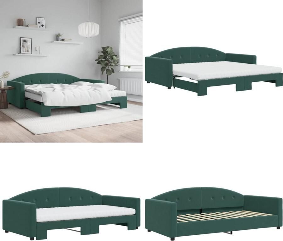 VidaXL Slaapbank onderschuifbed matrassen 100x200cm fluweeldonkergroen Slaapbank Met Onderschuifbed Slaapbanken Met Onderschuifbedden Slaapbank Bedbank