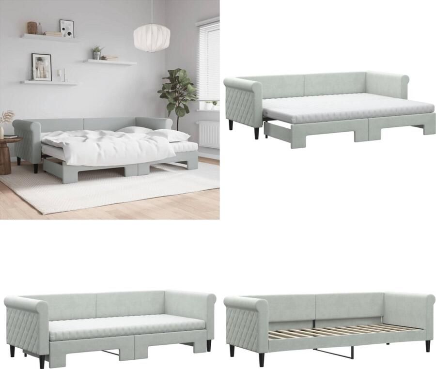 VidaXL Slaapbank onderschuifbed matrassen 80x200 cm fluweel lichtgrijs Slaapbank Met Onderschuifbed Slaapbanken Met Onderschuifbedden Slaapbank Bedbank