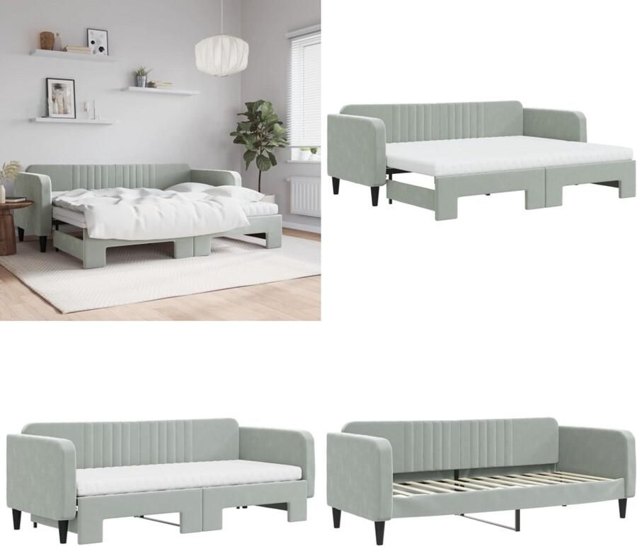 VidaXL Slaapbank onderschuifbed matrassen 80x200 cm fluweel lichtgrijs Slaapbank Met Onderschuifbed Slaapbanken Met Onderschuifbedden Slaapbank Bedbank