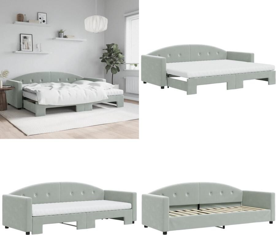 VidaXL Slaapbank onderschuifbed matrassen 80x200 cm fluweel lichtgrijs Slaapbank Met Onderschuifbed Slaapbanken Met Onderschuifbedden Slaapbank Bedbank