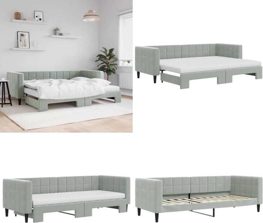 VidaXL Slaapbank onderschuifbed matrassen 80x200 cm fluweel lichtgrijs Slaapbank Met Onderschuifbed Slaapbanken Met Onderschuifbedden Slaapbank Bedbank