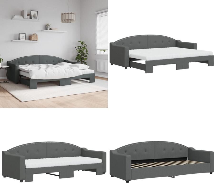 VidaXL Slaapbank onderschuifbed matrassen 80x200 cm stof donkergrijs Slaapbank Met Onderschuifbed Slaapbanken Met Onderschuifbedden Slaapbank Bedbank