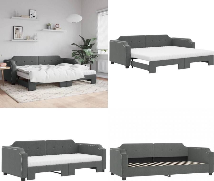 VidaXL Slaapbank onderschuifbed matrassen 80x200 cm stof donkergrijs Slaapbank Met Onderschuifbed Slaapbanken Met Onderschuifbedden Slaapbank Bedbank