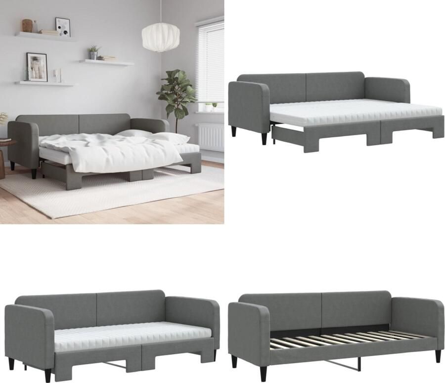 VidaXL Slaapbank onderschuifbed matrassen 80x200 cm stof donkergrijs Slaapbank Met Onderschuifbed Slaapbanken Met Onderschuifbedden Slaapbank Bedbank
