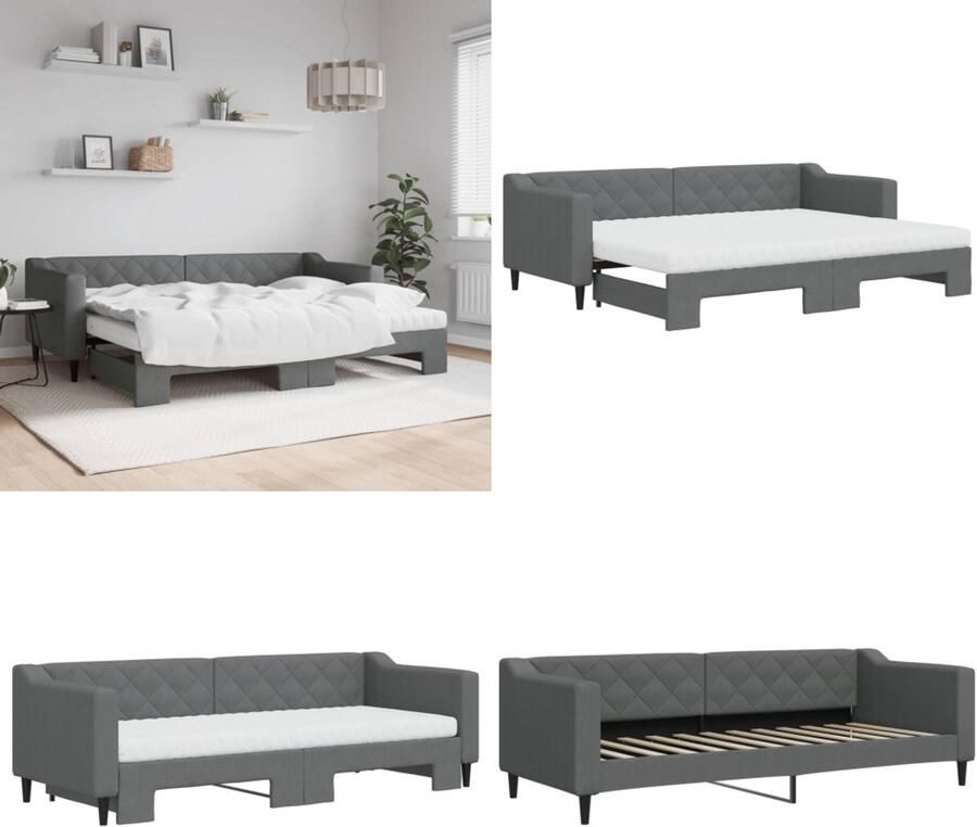 VidaXL Slaapbank onderschuifbed matrassen 80x200 cm stof donkergrijs Slaapbank Met Onderschuifbed Slaapbanken Met Onderschuifbedden Slaapbank Bedbank
