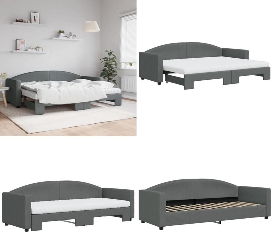 VidaXL Slaapbank onderschuifbed matrassen 80x200 cm stof donkergrijs Slaapbank Met Onderschuifbed Slaapbanken Met Onderschuifbedden Slaapbank Bedbank