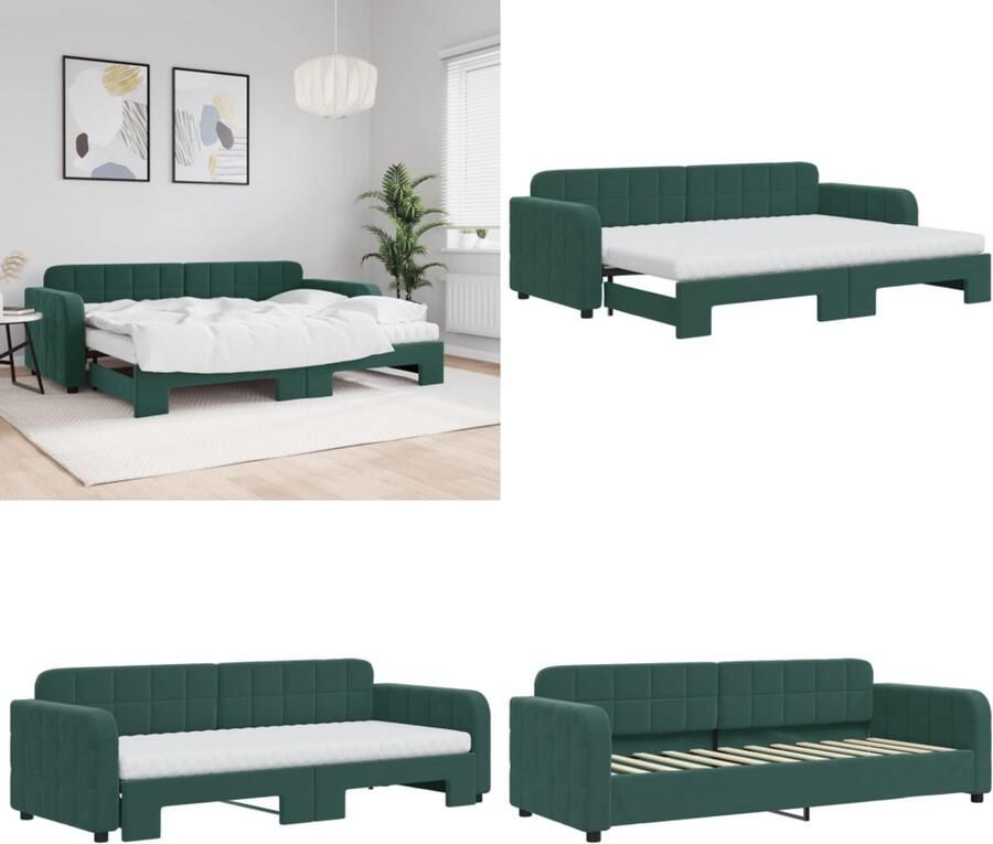 VidaXL Slaapbank onderschuifbed matrassen 80x200cm fluweel donkergroen Slaapbank Met Onderschuifbed Slaapbanken Met Onderschuifbedden Slaapbank Bedbank