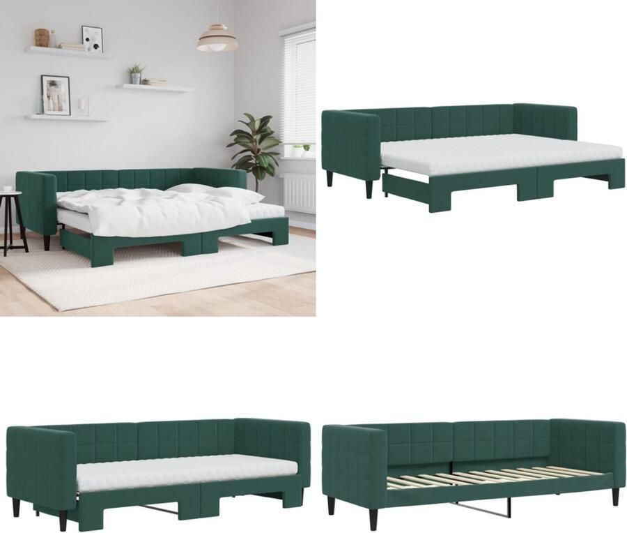 VidaXL Slaapbank onderschuifbed matrassen 80x200cm fluweel donkergroen Slaapbank Met Onderschuifbed Slaapbanken Met Onderschuifbedden Slaapbank Bedbank