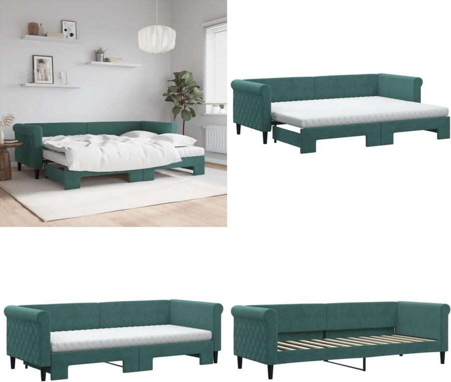 VidaXL Slaapbank onderschuifbed matrassen 80x200cm fluweel donkergroen Slaapbank Met Onderschuifbed Slaapbanken Met Onderschuifbedden Slaapbank Bedbank