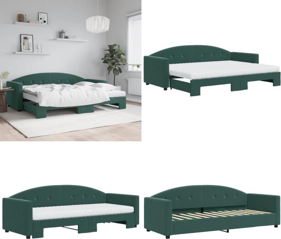 VidaXL Slaapbank onderschuifbed matrassen 80x200cm fluweel donkergroen Slaapbank Met Onderschuifbed Slaapbanken Met Onderschuifbedden Slaapbank Bedbank