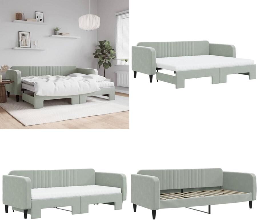 VidaXL Slaapbank onderschuifbed matrassen 90x200 cm fluweel lichtgrijs Slaapbank Met Onderschuifbed Slaapbanken Met Onderschuifbedden Slaapbank Bedbank