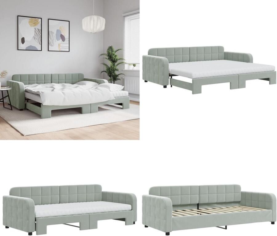 VidaXL Slaapbank onderschuifbed matrassen 90x200 cm fluweel lichtgrijs Slaapbank Met Onderschuifbed Slaapbanken Met Onderschuifbedden Slaapbank Bedbank