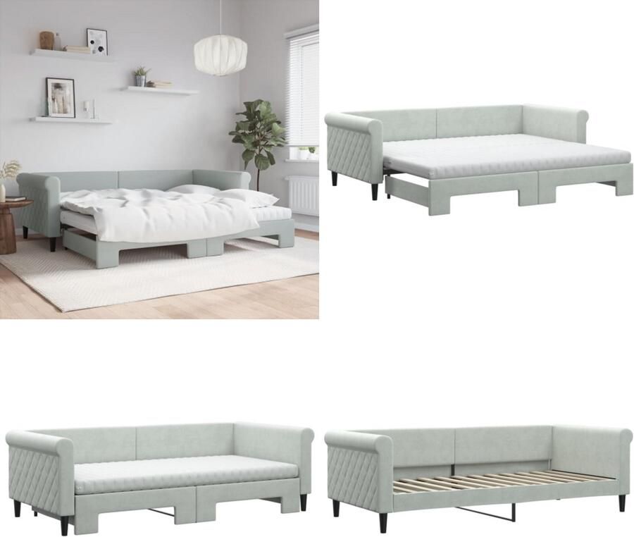 VidaXL Slaapbank onderschuifbed matrassen 90x200 cm fluweel lichtgrijs Slaapbank Met Onderschuifbed Slaapbanken Met Onderschuifbedden Slaapbank Bedbank