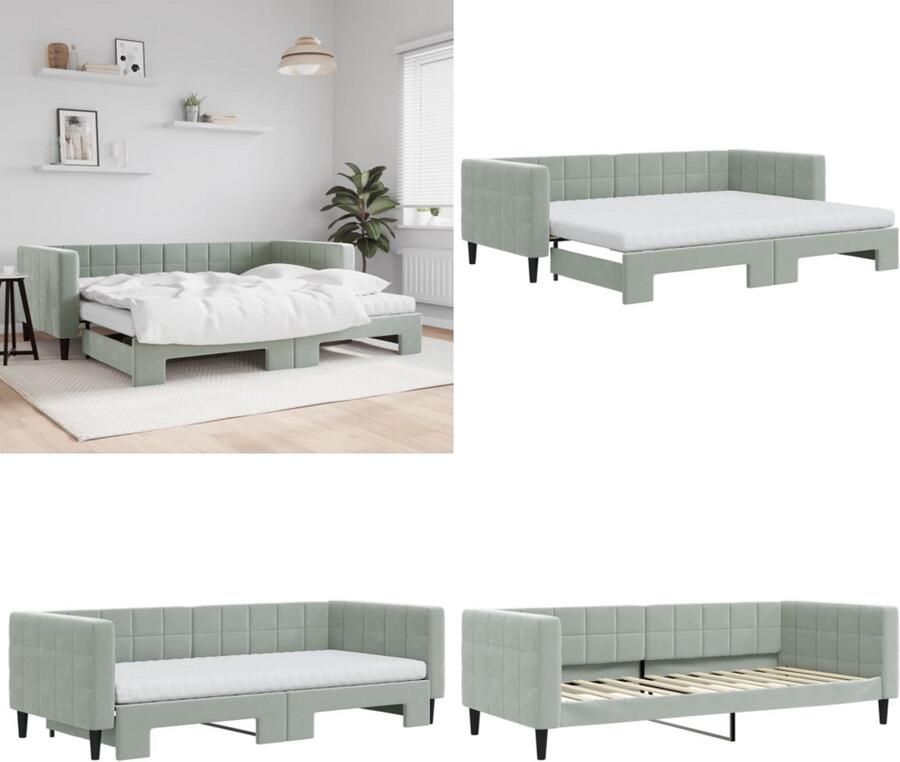 VidaXL Slaapbank onderschuifbed matrassen 90x200 cm fluweel lichtgrijs Slaapbank Met Onderschuifbed Slaapbanken Met Onderschuifbedden Slaapbank Bedbank