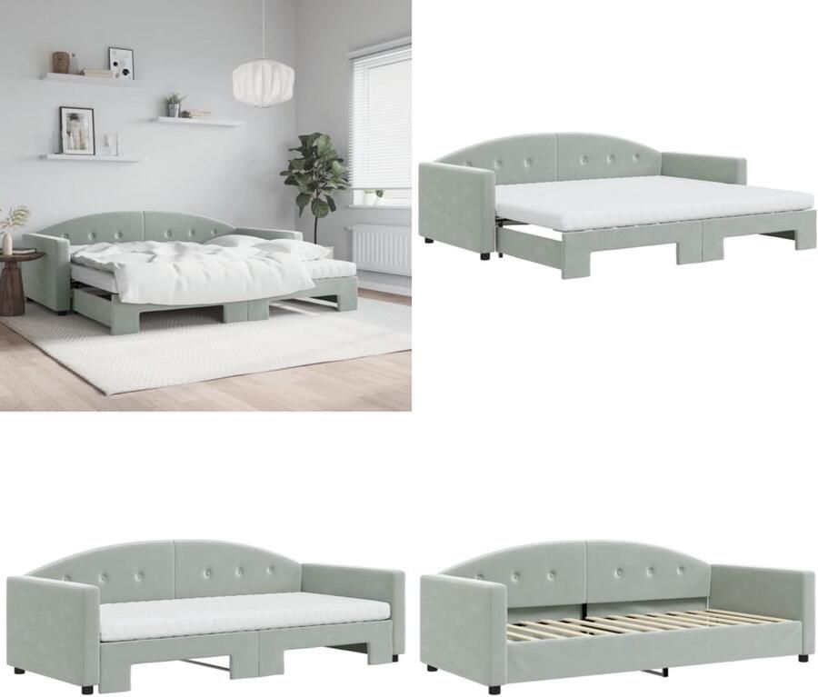 VidaXL Slaapbank onderschuifbed matrassen 90x200 cm fluweel lichtgrijs Slaapbank Met Onderschuifbed Slaapbanken Met Onderschuifbedden Slaapbank Bedbank