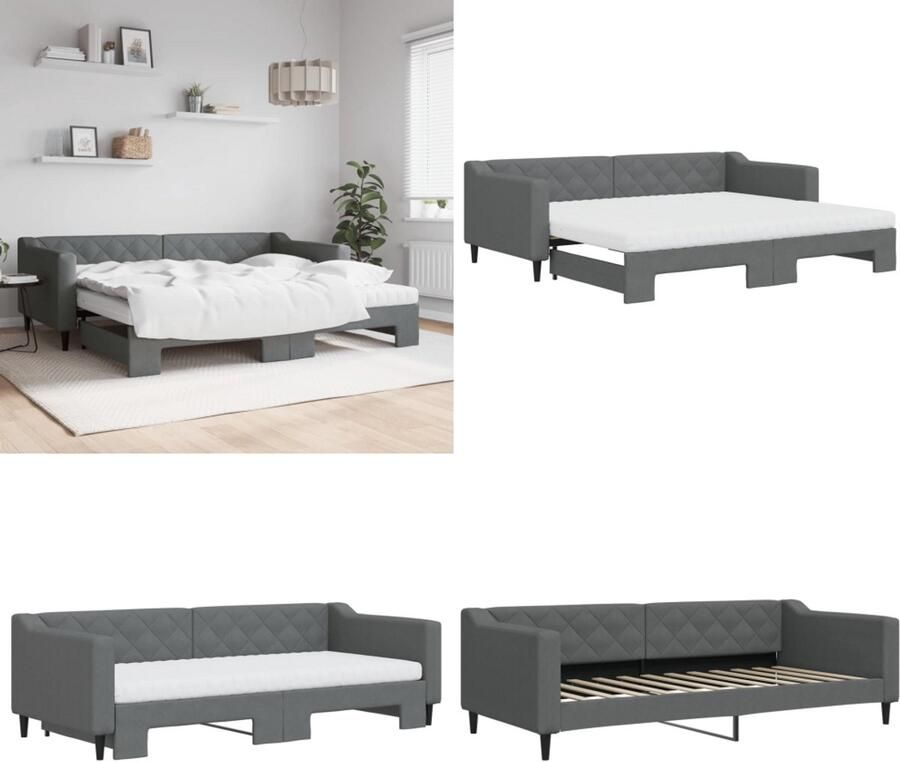 VidaXL Slaapbank onderschuifbed matrassen 90x200 cm stof donkergrijs Slaapbank Met Onderschuifbed Slaapbanken Met Onderschuifbedden Slaapbank Bedbank