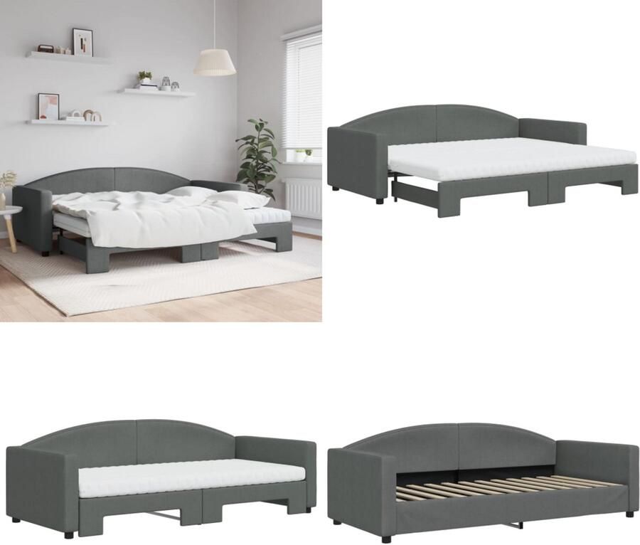 VidaXL Slaapbank onderschuifbed matrassen 90x200 cm stof donkergrijs Slaapbank Met Onderschuifbed Slaapbanken Met Onderschuifbedden Slaapbank Bedbank
