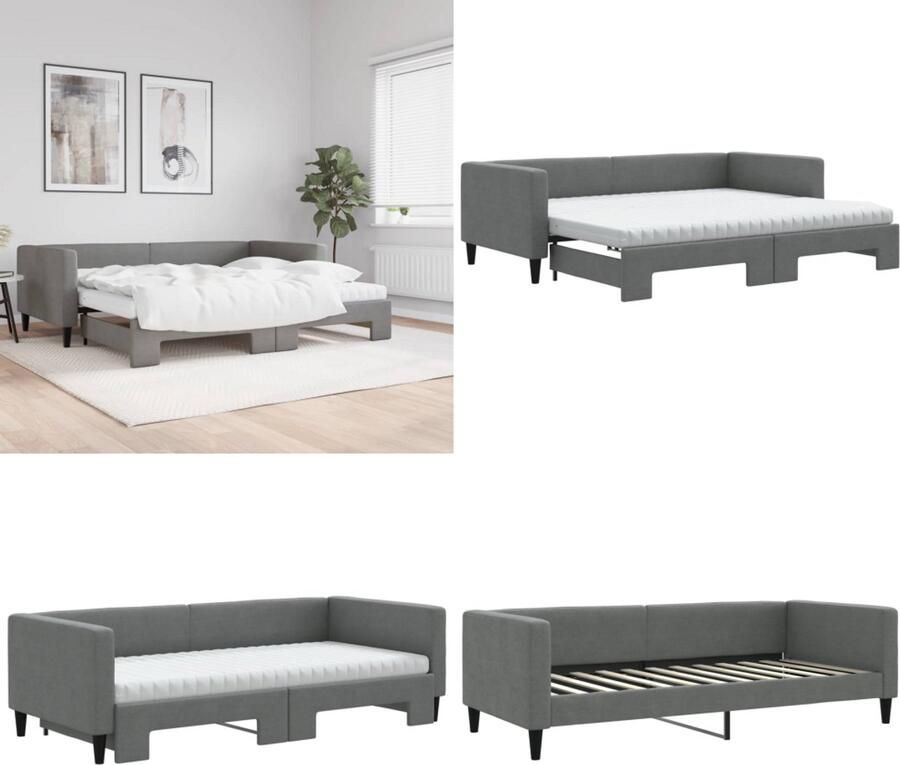 VidaXL Slaapbank onderschuifbed matrassen 90x200 cm stof donkergrijs Slaapbank Met Onderschuifbed Slaapbanken Met Onderschuifbedden Slaapbank Bedbank