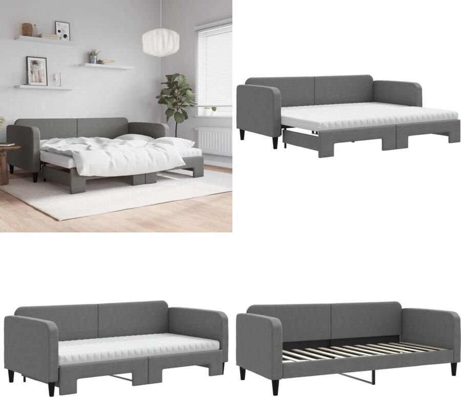VidaXL Slaapbank onderschuifbed matrassen 90x200 cm stof donkergrijs Slaapbank Met Onderschuifbed Slaapbanken Met Onderschuifbedden Slaapbank Bedbank