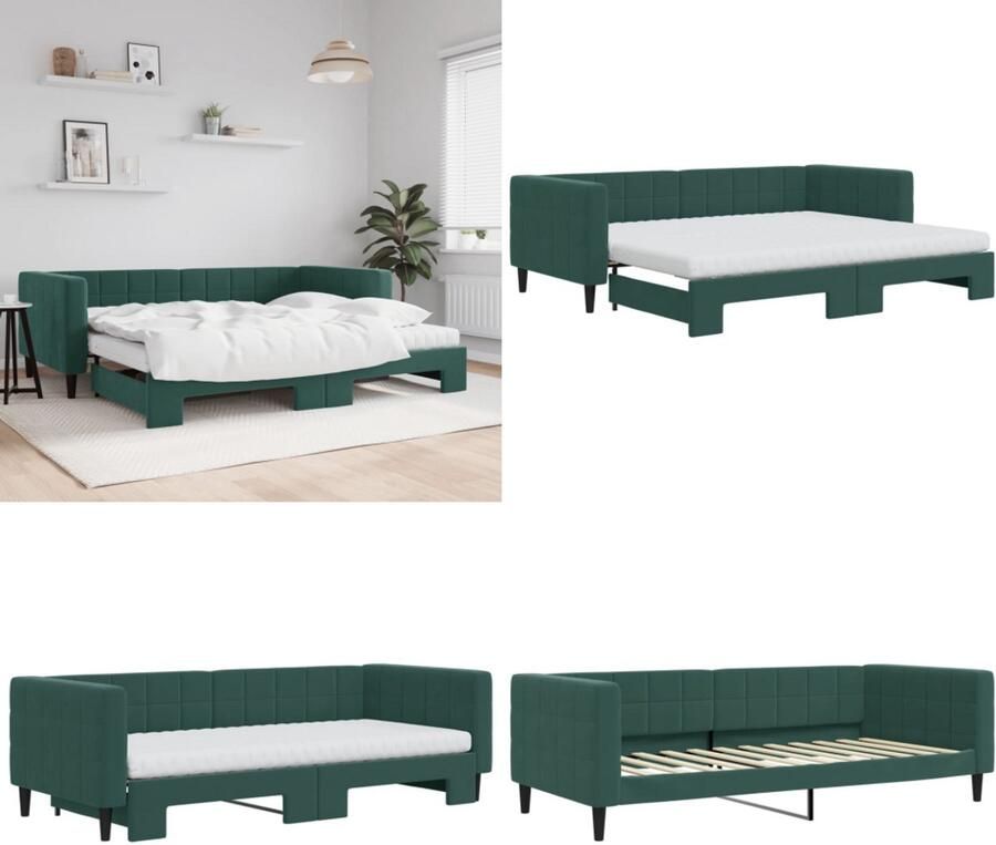 VidaXL Slaapbank onderschuifbed matrassen 90x200cm fluweel donkergroen Slaapbank Met Onderschuifbed Slaapbanken Met Onderschuifbedden Slaapbank Bedbank