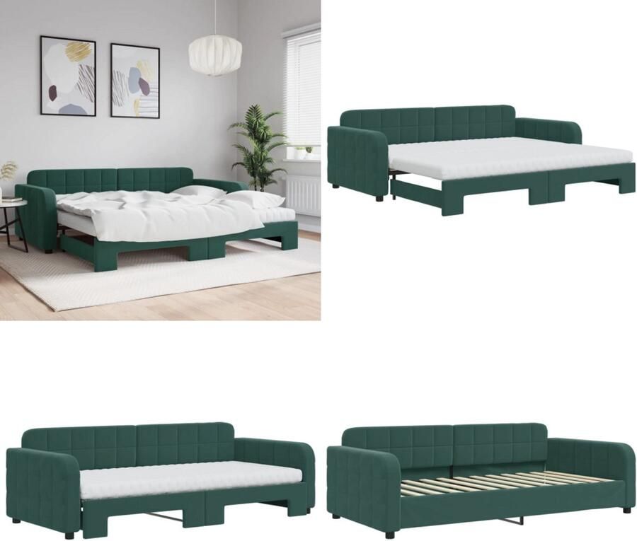 VidaXL Slaapbank onderschuifbed matrassen 90x200cm fluweel donkergroen Slaapbank Met Onderschuifbed Slaapbanken Met Onderschuifbedden Slaapbank Bedbank